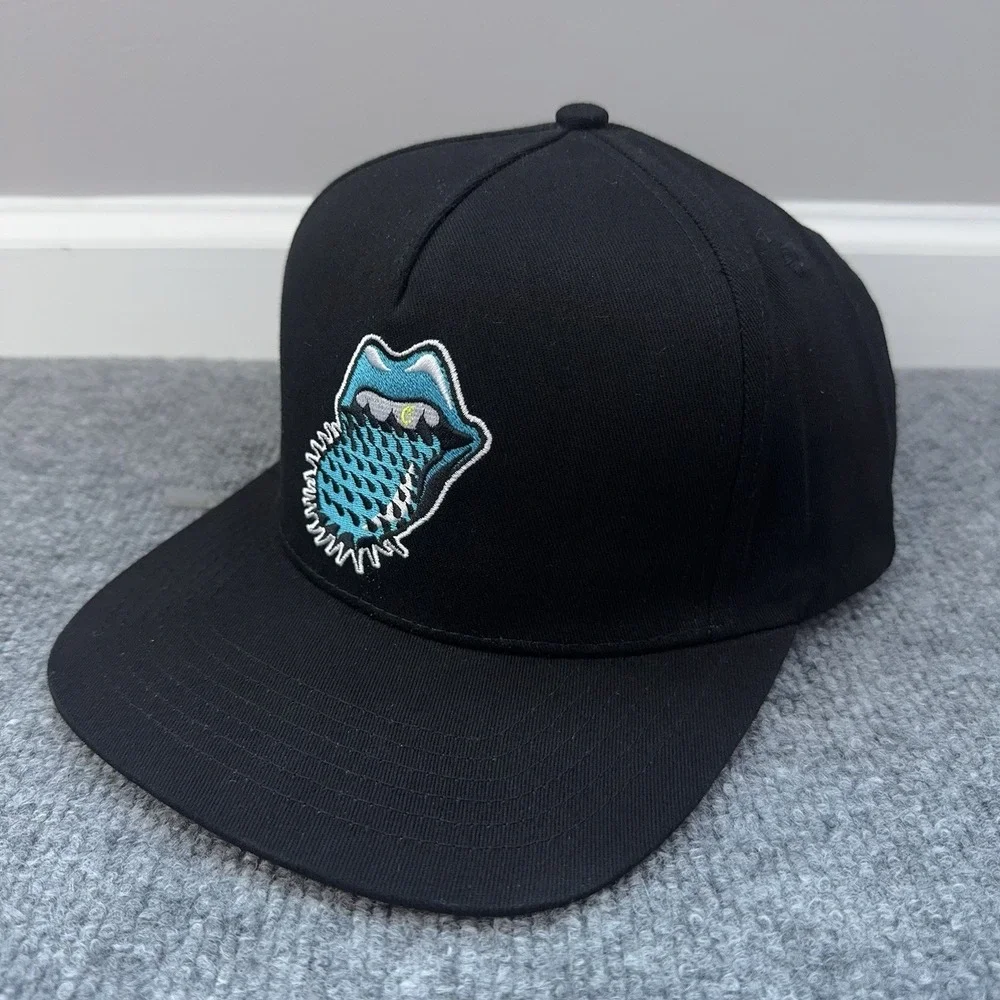 Cookies SF x Rolling Stones Hat Black High Crown Snapback Blue Spike Tongue NWOT